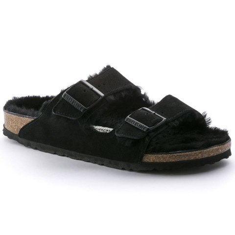 Klapki damskie ocieplane z wełną owczą Birkenstock Arizona VL Shearling Black skóra zamszowa regular szerokie (0752661) Birkenstock