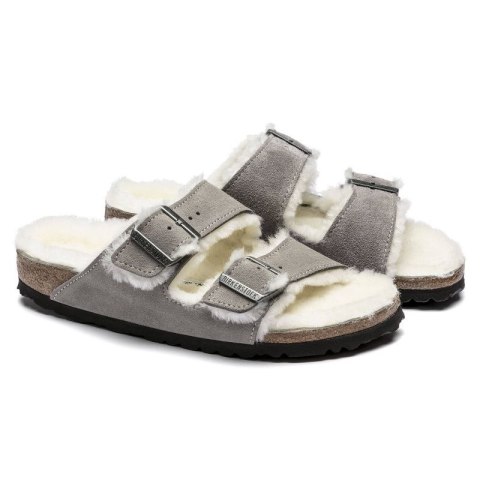 Klapki damskie/męskie ocieplane Birkenstock Arizona Shearling Stone Coin zamsz z wełną owczą regular szerokie (1017402) Birkenstock