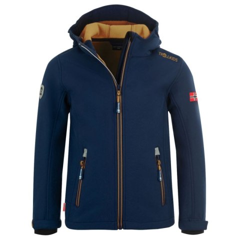 Kurtka softshellowa dziecięca TrollKids Kids Trollfjord Jacket mystic blue/golden yellow softshell granatowa (161-146) Trollkids