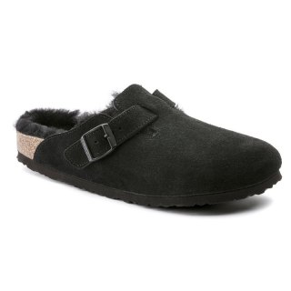 Chodaki damskie ocieplane z wełną owczą Birkenstock Boston Shearling Black skóra zamszowa narrow wąskie (0259883) Birkenstock