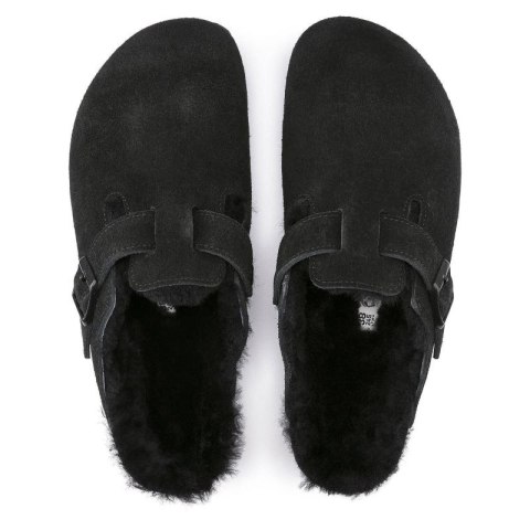 Chodaki damskie ocieplane z wełną owczą Birkenstock Boston Shearling Black skóra zamszowa regular szerokie (0259881) Birkenstock