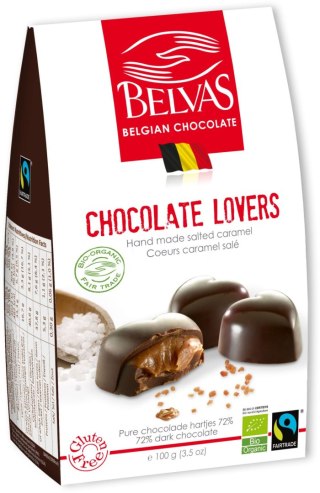 CZEKOLADKI BELGIJSKIE SERCA Z KARMELEM I SOLĄ MORSKĄ FAIR TRADE BEZGLUTENOWE BIO 100 g - BELVAS BELVAS (belgijskie czekoladki)