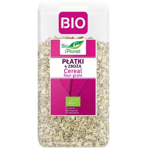 PŁATKI 4 ZBOŻA (ORKISZ, OWIES, JĘCZMIEŃ, ŻYTO) BIO 300 g - BIO PLANET BIO PLANET - seria RÓŻOWA (płatki, otręby, musli)
