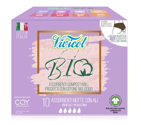 PODPASKI HIGIENICZNE ZE SKRZYDEŁKAMI NA NOC ECO 10 szt. - VIVICOT VIVICOT (podpaski z ekologicznej bawełny)