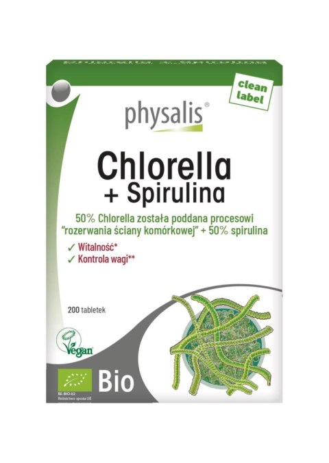 CHLORELLA + SPIRULINA BIO 200 TABLETEK - PHYSALIS PHYSALIS (olejki eteryczne, suplementy)