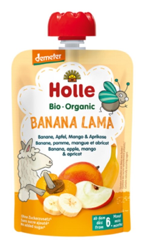 MUS BANANOWA LAMA (BANAN - JABŁKO - MANGO - MORELA) BEZ DODATKU CUKRÓW BEZGLUTENOWA OD 6 MIESIĄCA DEMETER BIO 100 g - HOLLE HOLLE (żywność dla niemowląt)