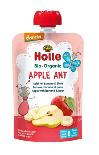 MUS JABŁKOWA MRÓWKA (JABŁKO - BANAN - GRUSZKA) BEZ DODATKU CUKRÓW BEZGLUTENOWA OD 6 MIESIĄCA DEMETER BIO 100 g - HOLLE HOLLE (żywność dla niemowląt)