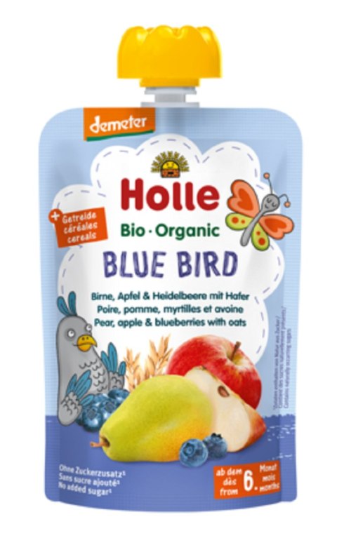 MUS NIEBIESKI PTAK (GRUSZKA - JABŁKO - JAGODA - OWIES) BEZ DODATKU CUKRÓW OD 6 MIESIĄCA DEMETER BIO 100 g - HOLLE HOLLE (żywność dla niemowląt)