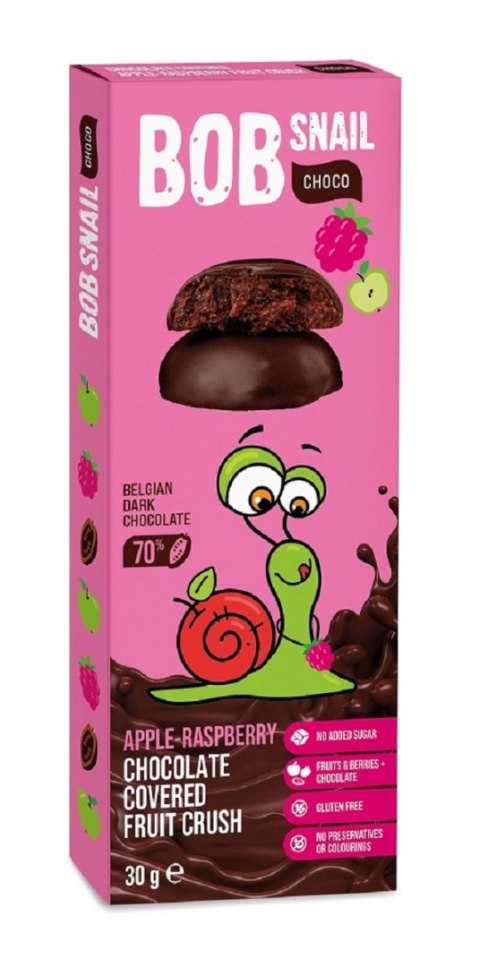 PRZEKĄSKA CHOCO JABŁKO - MALINA W CZEKOLADZIE CIEMNEJ BELGIJSKIEJ BEZ DODATKU CUKRÓW BEZGLUTENOWA 30 g - BOB SNAIL BOB SNAIL (przekąski owocowe)