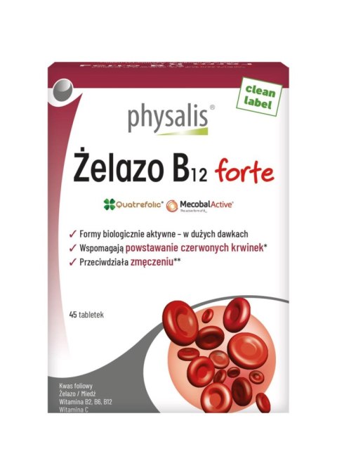 ŻELAZO + WITAMINA B12 FORTE 45 TABLETEK - PHYSALIS PHYSALIS (olejki eteryczne, suplementy)