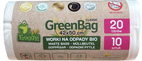 WORKI NA ODPADY BIO I ZMIESZANE (KOMPOSTOWALNE I BIODEGRADOWALNE) 20 L 10 szt - FROGGY (GREENBAG) FROGGY (worki na odpady)