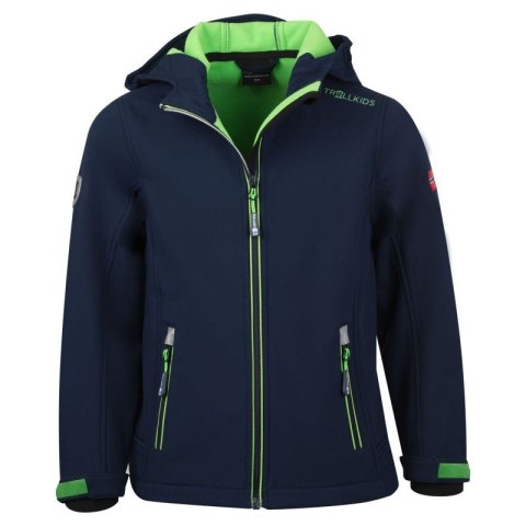 Kurtka softshellowa dziecięca TrollKids Kids Trollfjord Jacket navy/light green elementy odblaskowe granatowa (161-120) Trollkids
