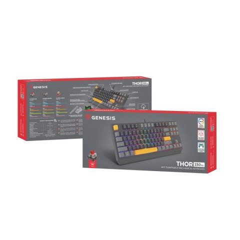 GENESIS Thor 230 TKL klawiatura Gaming USB + RF Wireless + Bluetooth QWERTY Czarny, Szary, Pomarańczowy