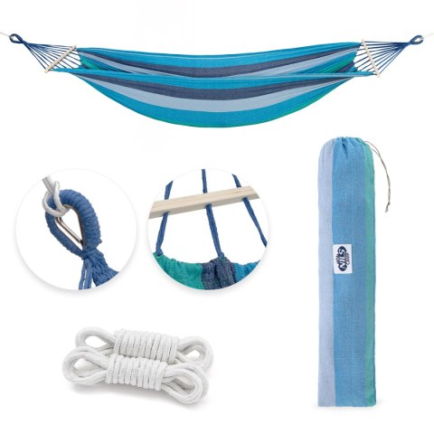 NC9004 NIEBIESKI-CIEMNONIEBIESKI HAMAK Z DREWNIANĄ BELKA 70CM I METALOWYM UCHWYTEM NILS CAMP NILS