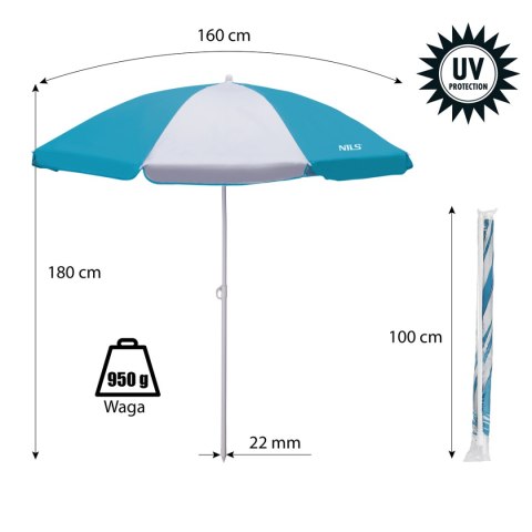 NC7813 TURKUSOWY PARASOL PLAŻOWY 180 CM NILS NILS