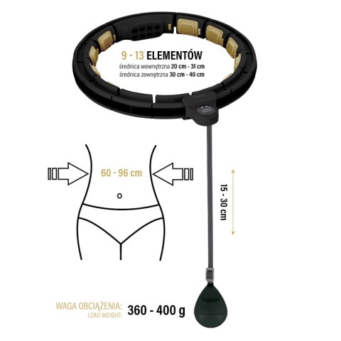 ZESTAW HULA HOP MAGNETYCZNY BLACK/GOLD HHM13 Z LICZNIKIEM HMS + PAS WYSZCZUPLAJĄCY BR163 BLACK HMS