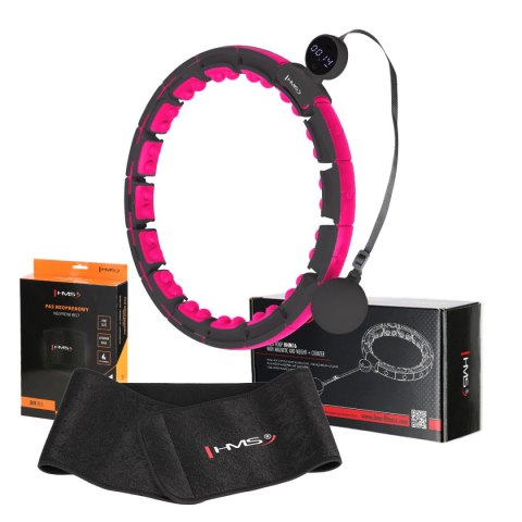 ZESTAW HULA HOP MAGNETYCZNY BLACK/PINK HHM16 Z LICZNIKIEM HMS + PAS WYSZCZUPLAJĄCY BR163 BLACK HMS