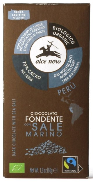 CZEKOLADA GORZKA Z SOLĄ MORSKĄ BEZGLUTENOWA FAIR TRADE BIO 50 g - ALCE NERO ALCE NERO (włoskie produkty)