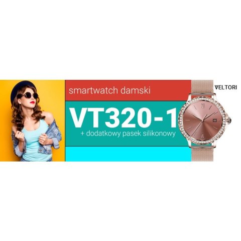 Smartwatch Damski VELTORI VT320-1 Złota Bransoleta + Różowy Pasek Silikonowy VELTORI