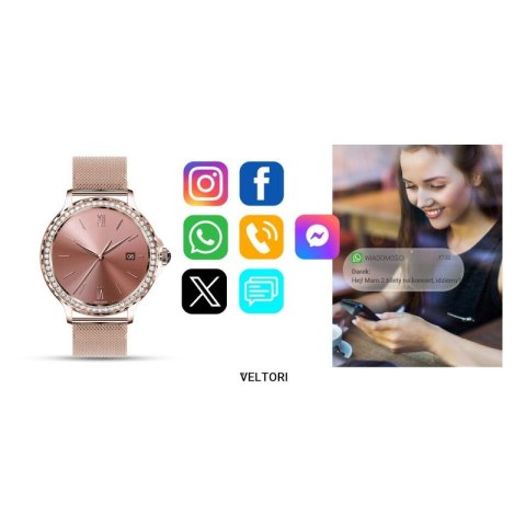 Smartwatch Damski VELTORI VT320-1 Złota Bransoleta + Różowy Pasek Silikonowy VELTORI