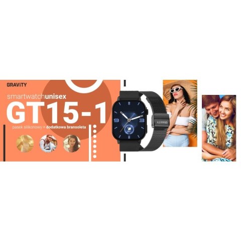 Smartwatch Gravity GT15-1 Czarny Pasek Silikonowy + Czarna Bransoleta Gravity
