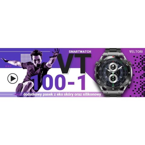 Smartwatch VELTORI VT100-1 + Czarny Pasek Silikonowy + Czarny Eko Skóra VELTORI