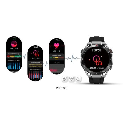 Smartwatch VELTORI VT100-1 + Czarny Pasek Silikonowy + Czarny Eko Skóra VELTORI