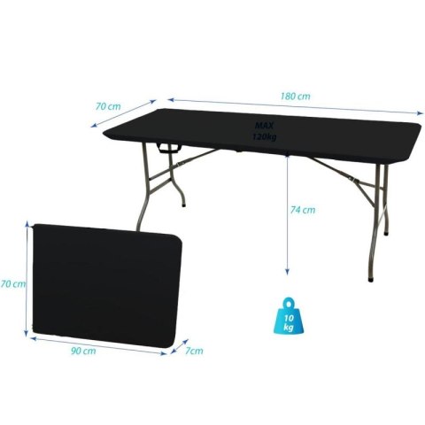 STÓŁ CATERINGOWY SKŁADANY W WALIZKĘ 180x70x74CM MAX.100KG CZARNY