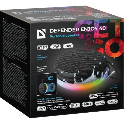 DEFENDER GŁOŚNIK ENJOY 40 7W BLUETOOTH 5.3, PODSWIETLENIE LED 65141 DEFENDER