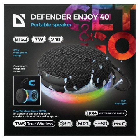DEFENDER GŁOŚNIK ENJOY 40 7W BLUETOOTH 5.3, PODSWIETLENIE LED 65141 DEFENDER