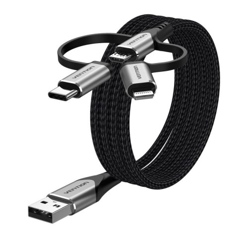 Kabel Vention USB-A 3w1 Micro-B USB-C Lightning 1m szary