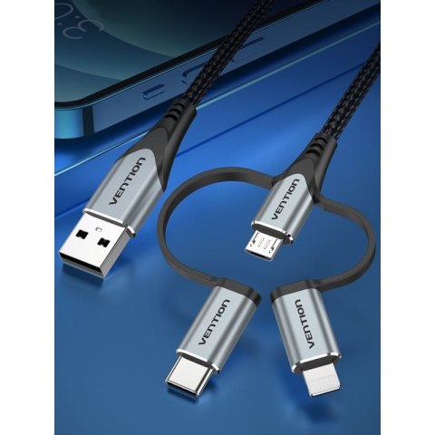 Kabel Vention USB-A 3w1 Micro-B USB-C Lightning 1m szary