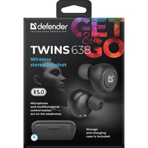 DEFENDER SŁUCHAWKI BEZPRZEWODOWE Z MIKROFONEM "TWS" TWINS 638 CZARNE 63638 DEFENDER