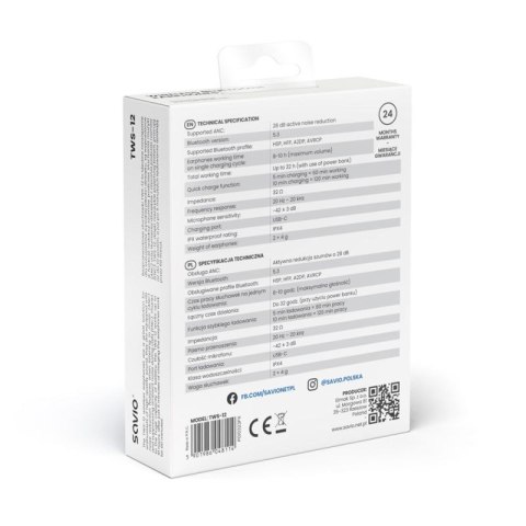 SAVIO SŁUCHAWKI BEZPRZEWODOWE BLUETOOTH 5.3 Z MIKROFONEM, ANC, ENC, QC TWS-12 Savio