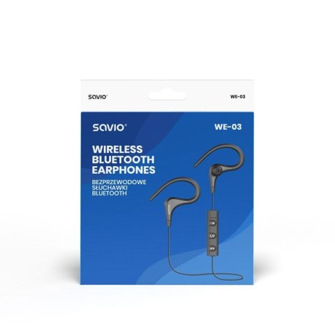 Słuchawki bezprzewodowe, z mikrofonem, ze słuchawkami SAVIO WE-03 (dokanałowe, sportowe; bezprzewodowe, Bluetooth; z wbudowanym  Savio