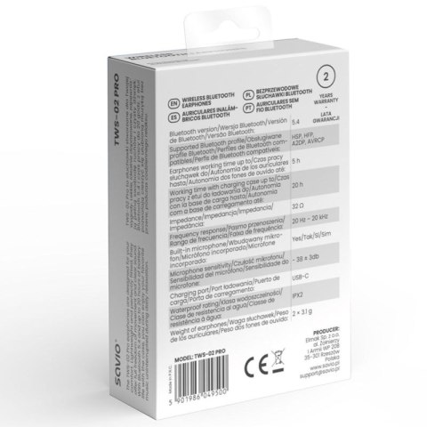SAVIO SŁUCHAWKI BEZPRZEWODOWE BLUETOOTH TWS-02 PRO Savio