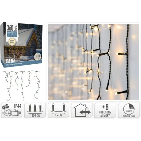 LAMPKI CHOINKOWE KURTYNA ŚWIETLNA ZEW 360 LED STEROWNIK TIMER CIEPŁY BIAŁY KABEL ZIELONY Koopman
