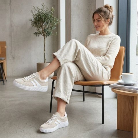 Skórzane półbuty sportowe sneakersy beżowe Remonte Rieker D3E00-60 Rieker