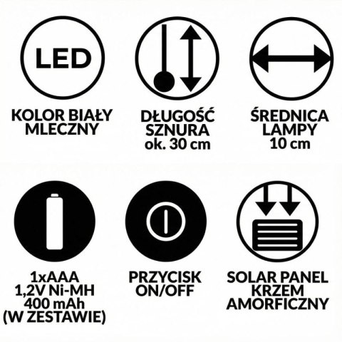 LAMPA SOLARNA PLASTIKOWA KULA WISZĄCA NA KLIPS 10X30CM KPL.2SZT