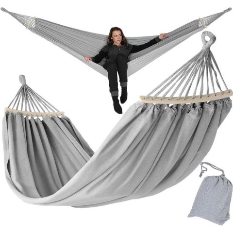 HAMAK OGRODOWY 2 OSOBOWY LUXE XXL 250x150CM Z DRĄŻKIEM I POKROWCEM SZARY 1031170 Enero Camp